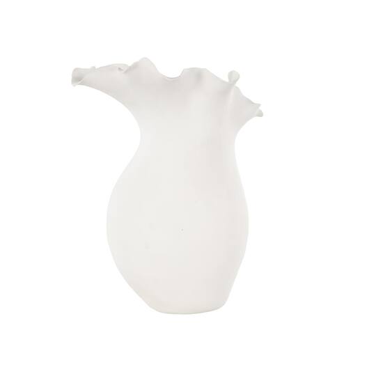 14.75" White Ceramic Abstract Floral Inspired Vase with Wavy Edge
